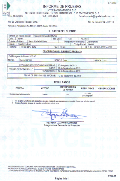 Certificados Gel Refrigerante